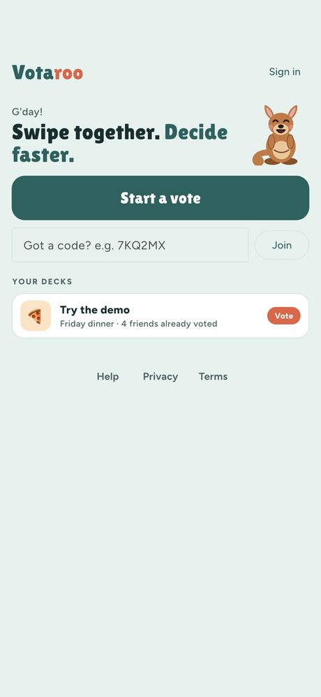 Votaroo home screen
