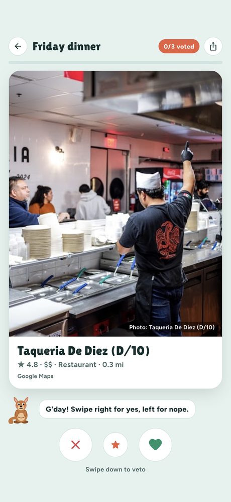 Swiping on a restaurant card